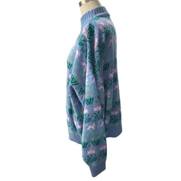 VINTAGE 80’s Pierre Cardin Blue and Green Bunny print Mock Neck Sweater Size XL - Picture 2 of 9